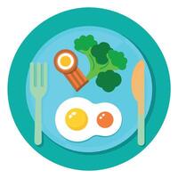 A plate of bacon. eggs. and broccoli on a table vector