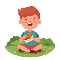 A child enjoying a crispy bacon sandwich at a picnic vector