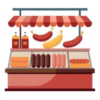 Assortment of sausages in a store on the counter vector