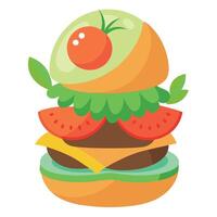 A shrimp burger with avocado and tomato on a bun vector