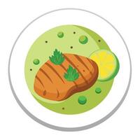 Grilled pork with potato guacamole and chives on a white plate vector
