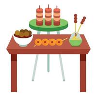 Guest table with small grilled meat skewers and various sauces vector
