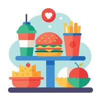 A table full of food including a hamburger. fries. and tomatoes vector