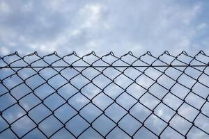 Close-up of an old barbed wire fence with a cloudy sky in the background photo