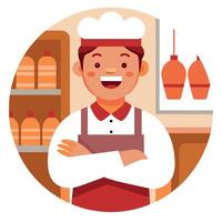 Butcher smiling with crossed arms in a butcher shop vector