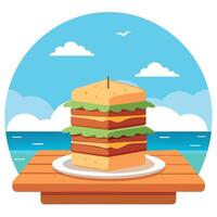 A stack of sandwiches on a wooden table by the beach vector