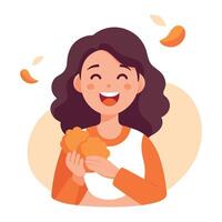 Happy woman is enjoying a chicken nugget with potatoes vector