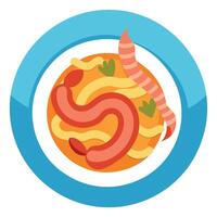 A plate of a pasta dish with shrimp and bacon on it. AI vector
