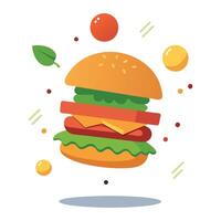 Delicious burger falling apart with ingredients floating around vector