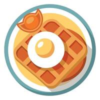 A plate of waffles topped with crispy bacon and a fried egg on top vector