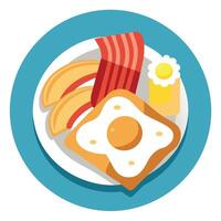 American scrambled eggs with crispy bacon and toast. served on a plate vector