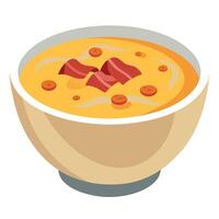 Loaded baked potato soup with bacon in a white bowl on a rustic table vector