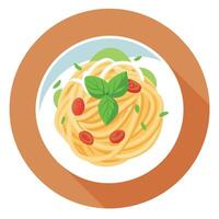 A Plate of Creamy Spaghetti With Bacon and Basil on a Wooden Table vector