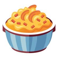 Appetizing mac and cheese in bowl with bacon on top baked in oven. vector