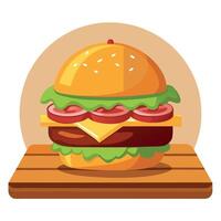 Hamburger made with cheese. tomatoes. onions. bacon on a wooden table vector
