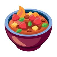 A bowl of hearty stew with chunks of meat and colorful vegetables. vector