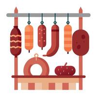 Hung sausages on a rack. variety of sizes and types of cured meats vector