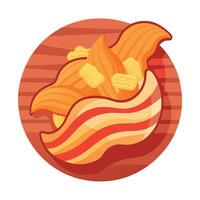 Crispy potato chips with smoked bacon on rustic wooden background vector