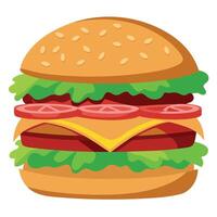 Juicy Cheeseburger With Layers Of Bacon. Lettuce. Tomato And Onion vector