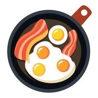Delicious Sunny Side Up Eggs With Crispy Bacon in a Cast Iron Pan vector