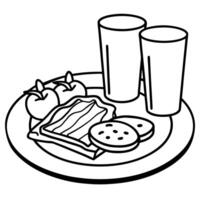 A plate of breakfast food with bacon. eggs. tomatoes. and toast. The plate is set on a table with a vector