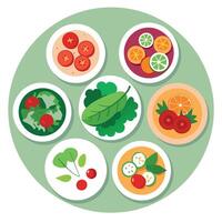 A set of plates with salad assorted with vegetables vector