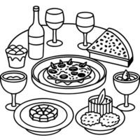 Full table of Italian dishes on plates on a set table. Pizza. risotto. jamon. Appetizers. main cours vector