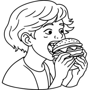 Close-up of a person biting into a towering double bacon cheeseburger. showcasing layers of meat. ch vector