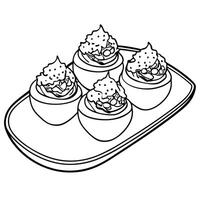 Festive Avocado Deviled Eggs appetizer topped with bacon crumbles and dill on a tray. Vertical. clos vector