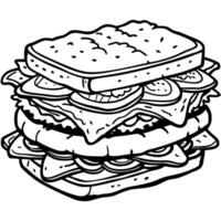 A mouthwatering stacked sandwich with layers of bacon. lettuce. tomato. and sauces. served on a rust vector