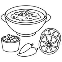 A white bowl of chili with a yellow lemon on the table. There are several bowls of food and condimen vector
