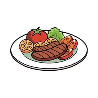 A plate of meat and vegetables is being grilled on a grill. The vegetables include tomatoes. onions. vector