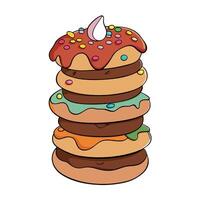 Indulge in a stack of glazed doughnuts decorated with colorful candies. crispy bacon. and a drizzle vector
