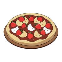 A dessert pizza topped with Nutella. strawberries. and bananas. almost too pretty to eat but too tem vector