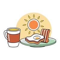 Delicious breakfast with fried egg. crispy bacon. and toast on a plate with a cup of coffee against vector