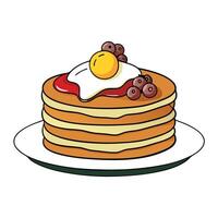 Delicious stack of pancakes topped with a sunny-side-up egg. side of crispy bacon. fresh berries. an vector