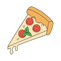 A slice of pizza with melted cheese is being pulled out of a pizza pie. The pizza is topped with tom vector