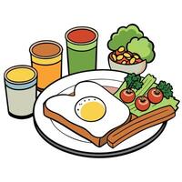 Delicious breakfast spread with sunny-side-up eggs. toast. beans. bacon. broccoli. and sauce on a wo vector