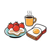 A delicious breakfast of fried eggs. toast. bacon. and cherry tomatoes. accompanied by a cup of stea vector