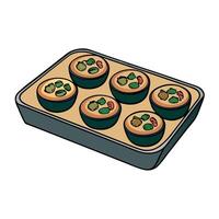 Closeup of a tray of mini paleo quiches. made with a grainfree crust and filled with spinach. mushro vector