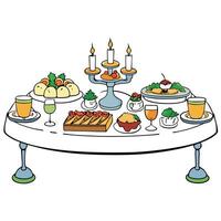 Elegantly adorned catered banquet table with a variety of appetizers. snacks. and sandwiches for a f vector