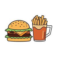 A mouth-watering cheeseburger with lettuce. cheese. and bacon. served with fries and beer in a casua vector