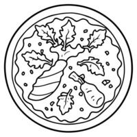 Extremely realistic top down view of fresh pizza with fried chicken. smoked bacon. onion. parmesan. vector