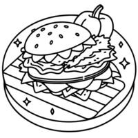 Close-up of grilled chicken sandwich with bacon. tomato. lettuce on wooden board. surrounded by othe vector