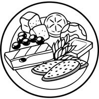 A platter of assorted cured meats and olives with crusty bread on a wooden board. Rustic charcuterie vector
