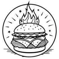 Juicy Flame-Grilled Bacon Cheeseburger with Charred Sesame Bun and Fresh Veggies in Intense Glowing vector