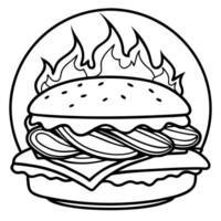 Flame-Grilled Bacon Cheeseburger with Vibrant Fresh Ingredients under Warm Glow of Fire - Close-Up F vector
