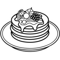 Delicious breakfast featuring fluffy pancakes topped with berries. bacon. scrambled eggs. and a driz vector