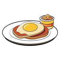 A delicious breakfast plate with pancakes. bacon. and a sunny-side-up egg drenched in syrup and morn vector