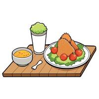 Crispy chicken and garden salad with shredded cheese. ripe tomatoes. and creamy dressing on a rustic vector